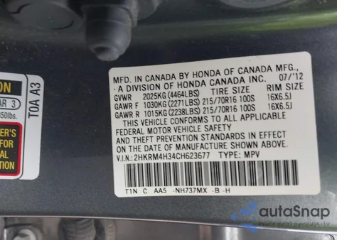 2012 Honda Cr-V Lx z USA, uszkodzony, nr VIN 2HKRM4H34CH623677